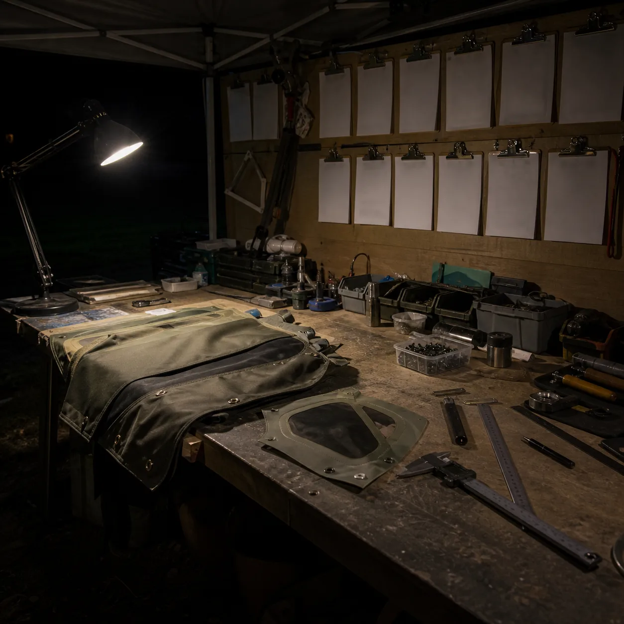 Dark product workshop with tent fabric, shell panels, measuring tools, and directional bench light.