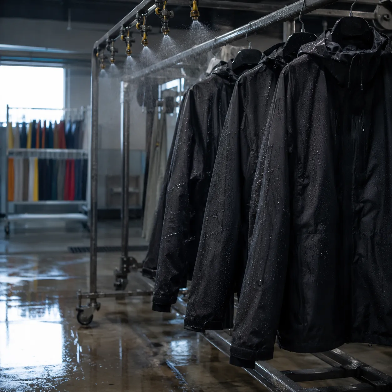 Indoor weather validation room with hanging shell jackets, water spray rig, and wet floor reflections.