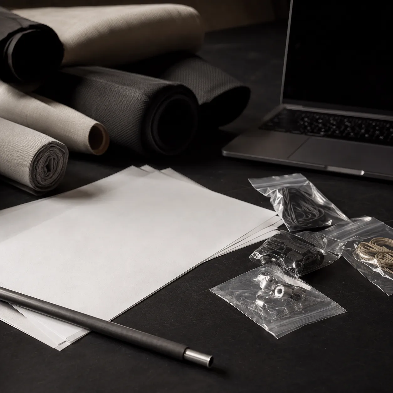 Dark sourcing desk with product brief papers, fabric rolls, sealed trim bags, and a laptop under hard side light.