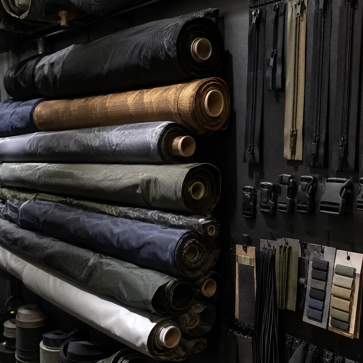 Dark wall of technical fabrics, shell laminates, coated ripstop rolls, zippers, and trim cards under side light.