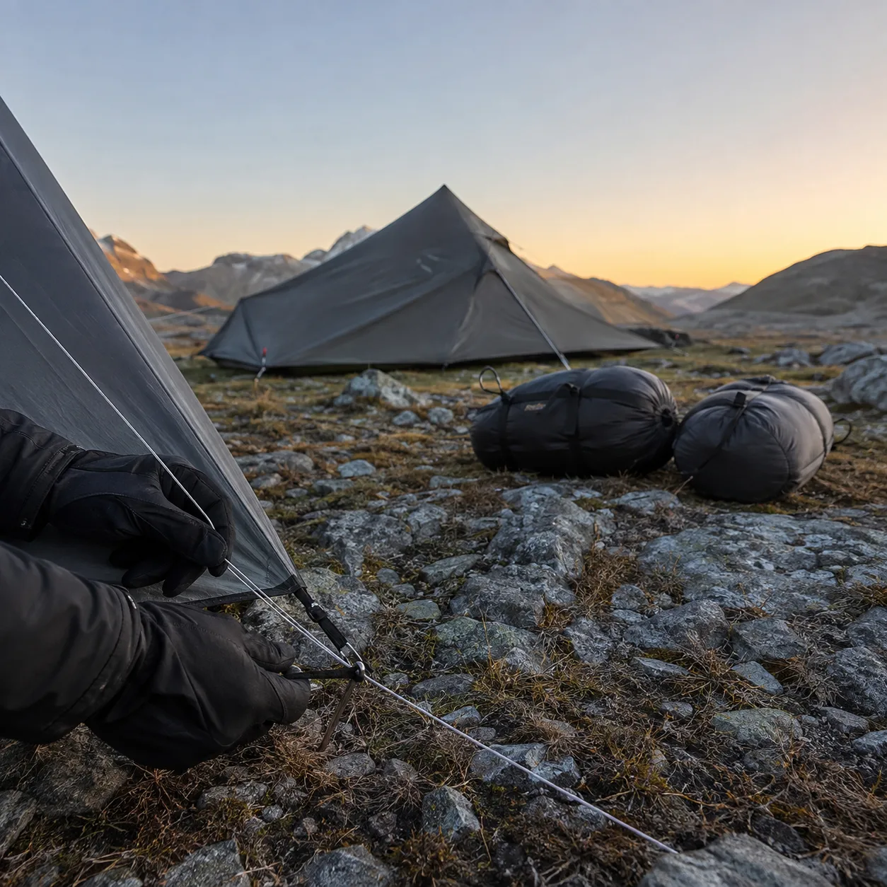 Alpine field setup with graphite tents, packed sleeping bags, and gloved hands adjusting lines at dawn.