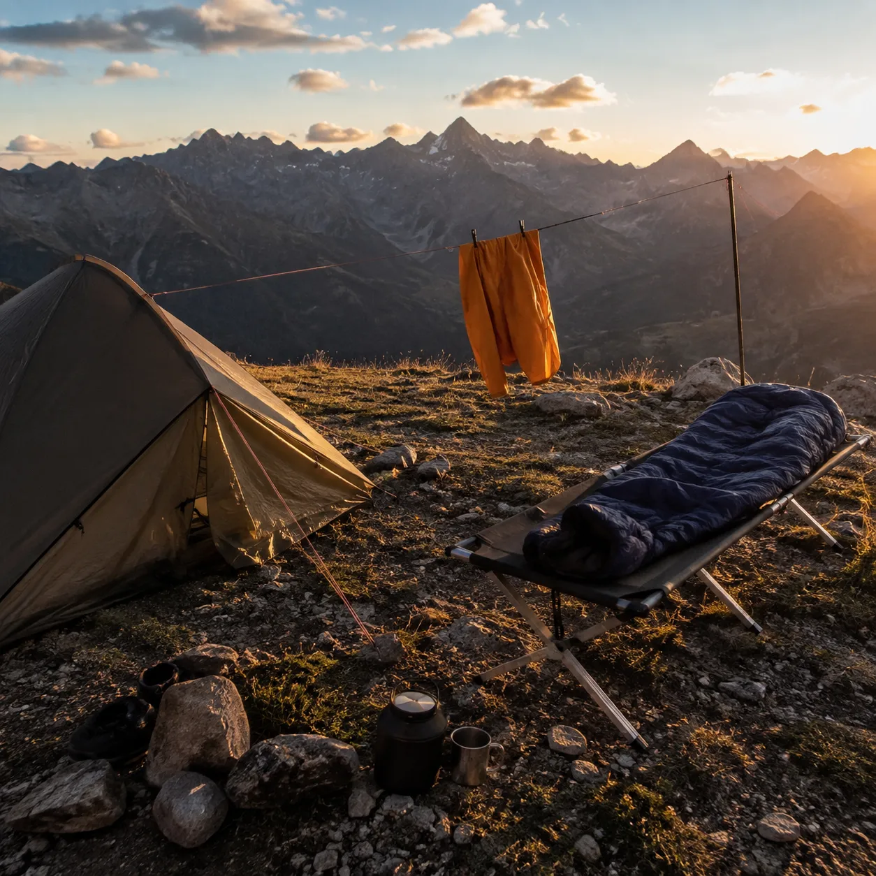 Tent fly, sleeping bag, and shell jacket arranged at a windswept alpine campsite near sunset.