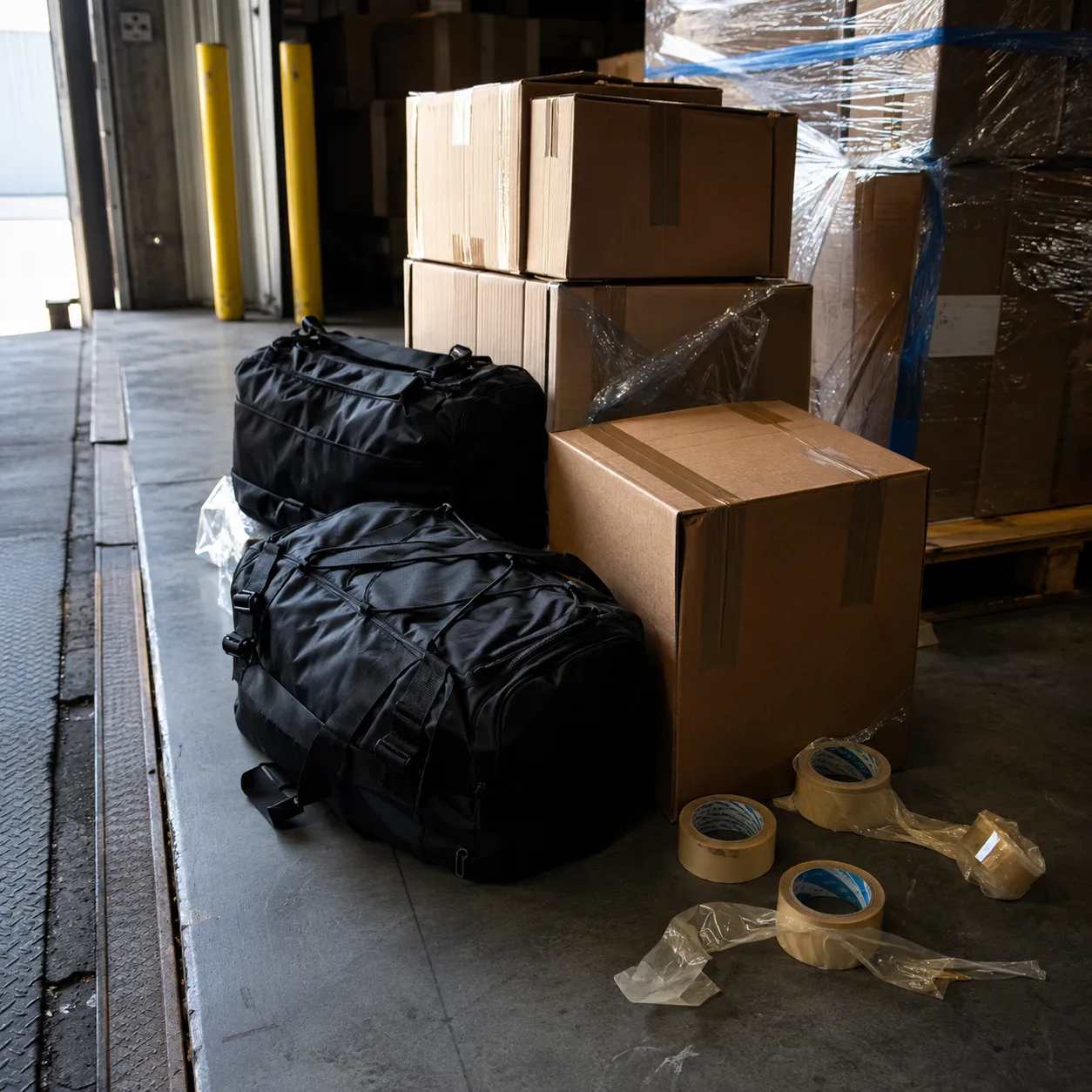 Freight bay with labeled cartons, black outdoor gear bags, pallet wrap, and sharp side lighting.