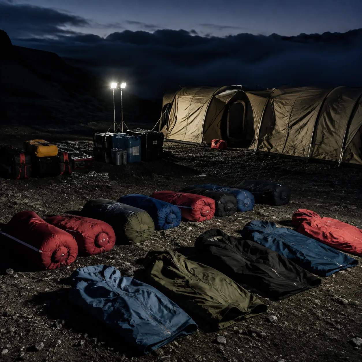Expedition staging area with custom tents, rolled sleeping bags, and shell jackets organized before sunrise.