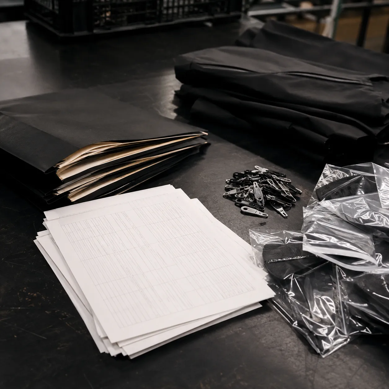 Order folders, inspection forms, shell fabric, and sealed trim bags arranged on a dark worktable.
