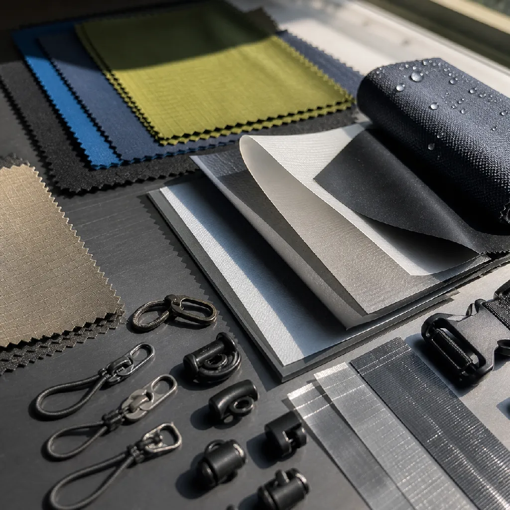 Technical outdoor fabric swatches, zipper pulls, cord locks, and taped fabric strips on a material table.