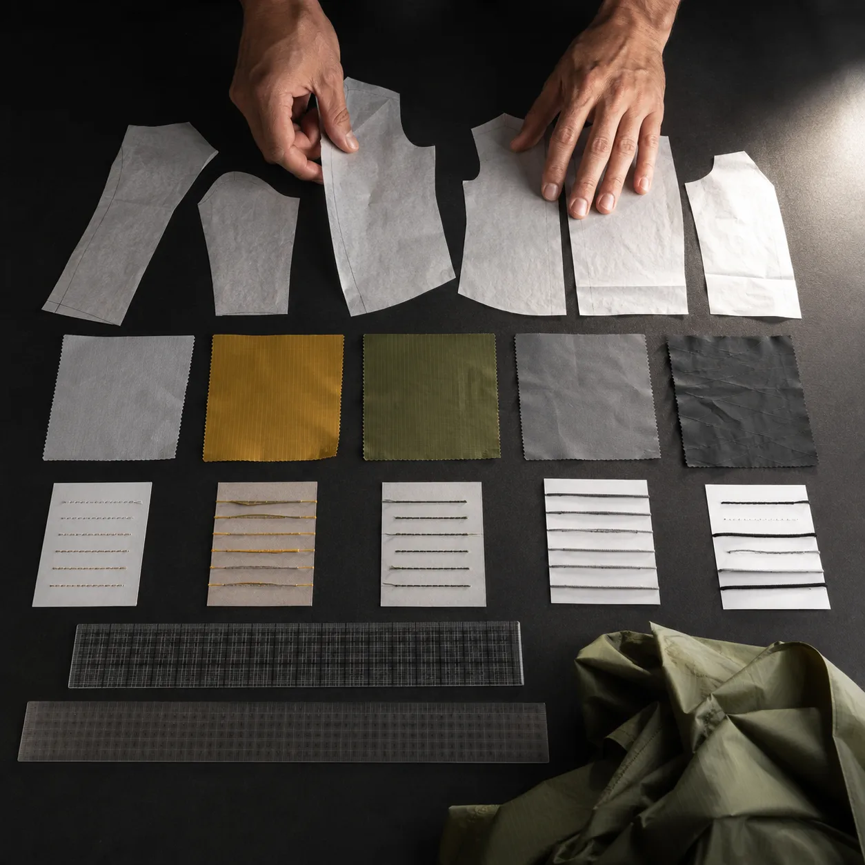 Hands reviewing jacket pattern pieces and tent fabric swatches on a matte black table.