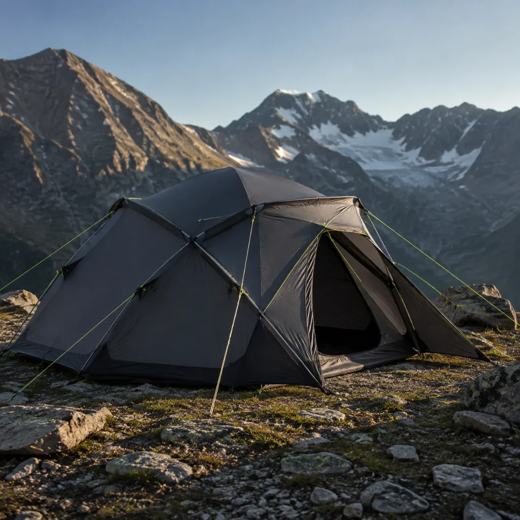 Graphite expedition tent viewed from a low three-quarter angle with acid-green seam details and taut guy lines.