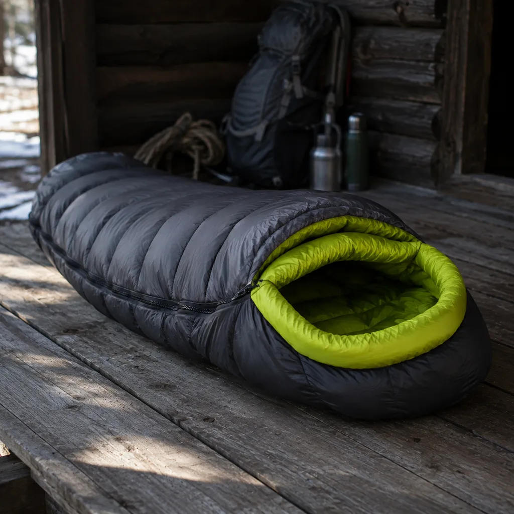 Charcoal sleeping bag opened on a wooden cabin platform with acid-green collar detail and soft side light.