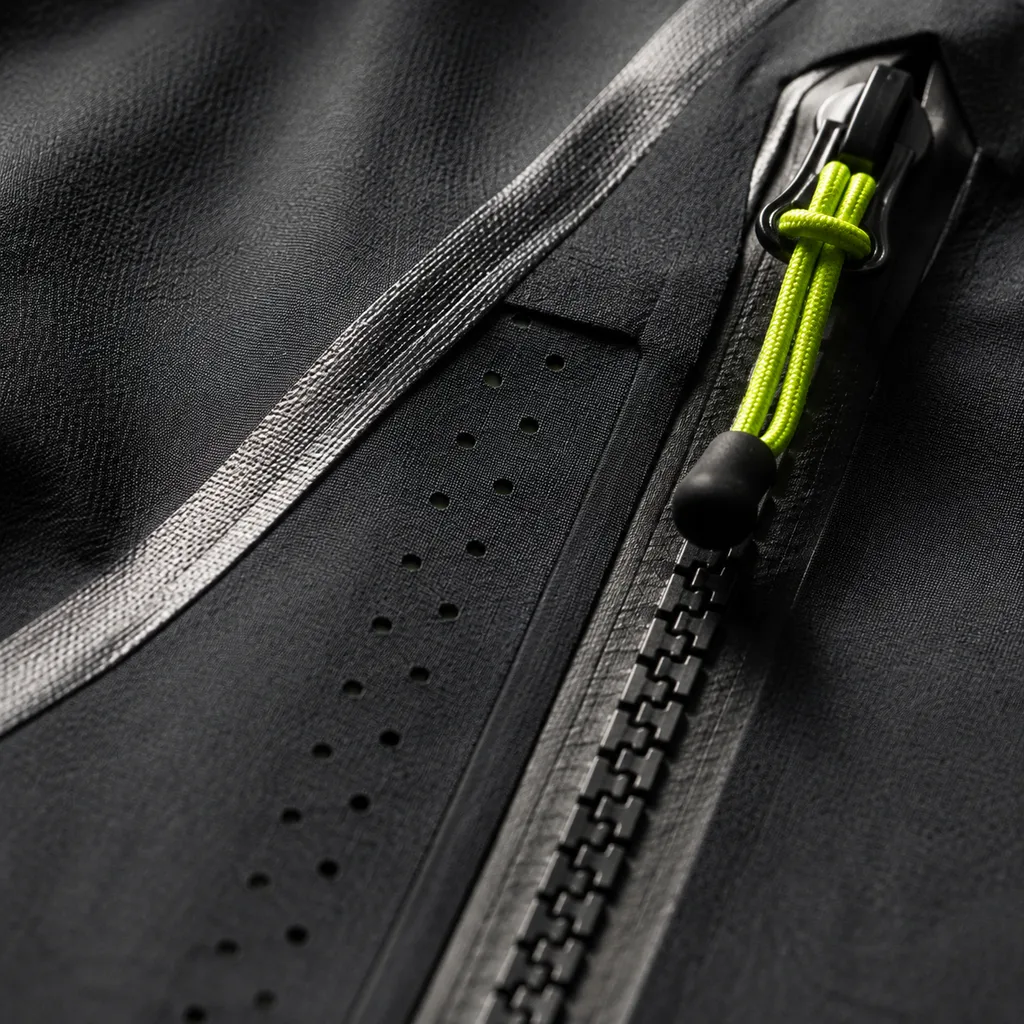 Macro view of black shell jacket taped seam, waterproof zipper teeth, laminated fabric, and acid-green pull cord.