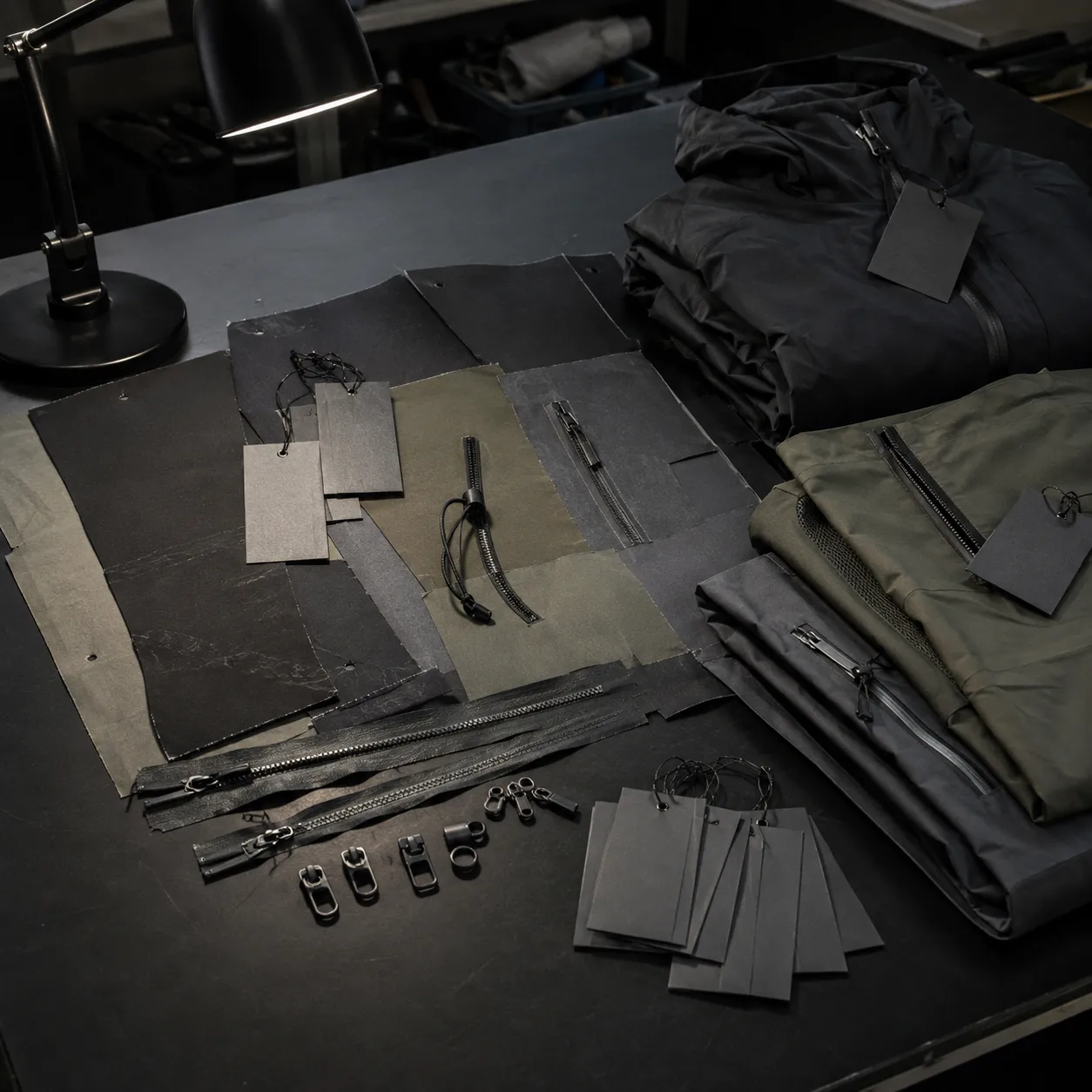 Dark production planning table with annotated fabric panels, zipper hardware, hangtags, and folded garments.