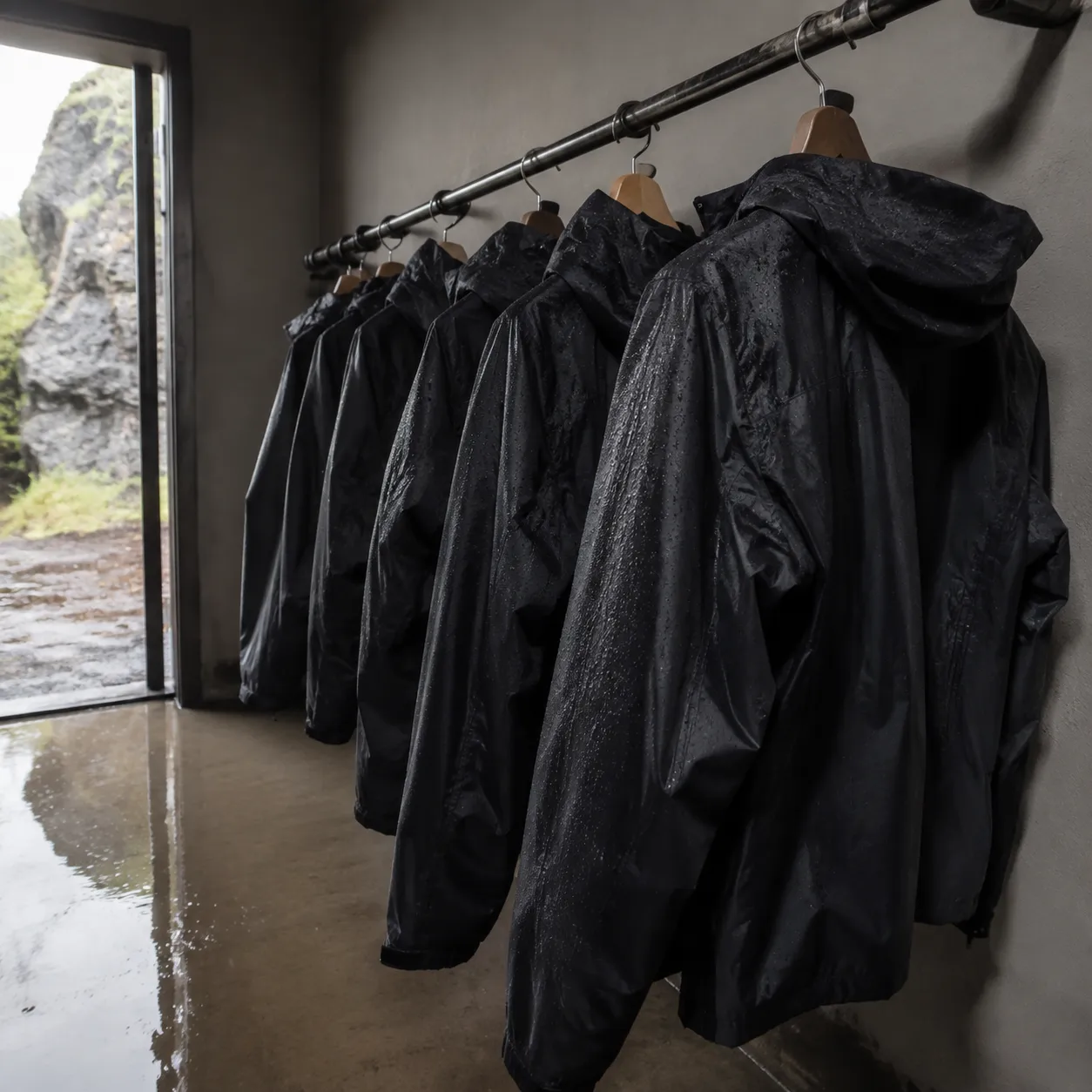 Line of black waterproof shell jackets on hangers with rain droplets, wet floor reflections, and side light.