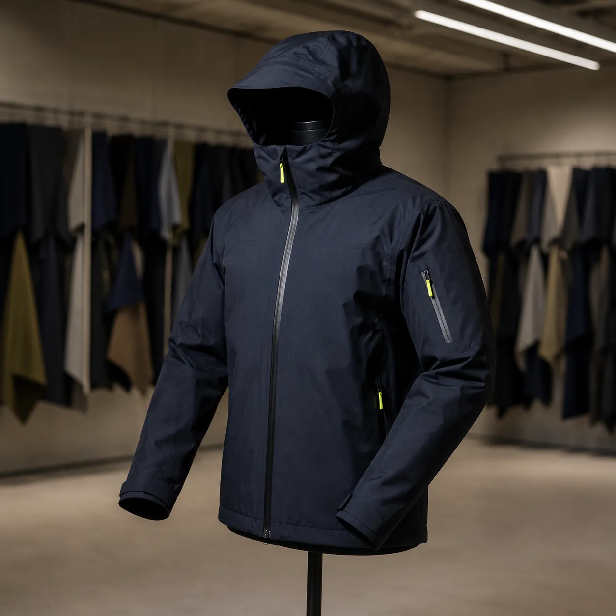 Black-blue technical storm shell jacket with raised hood and electric-lime pull tabs.
