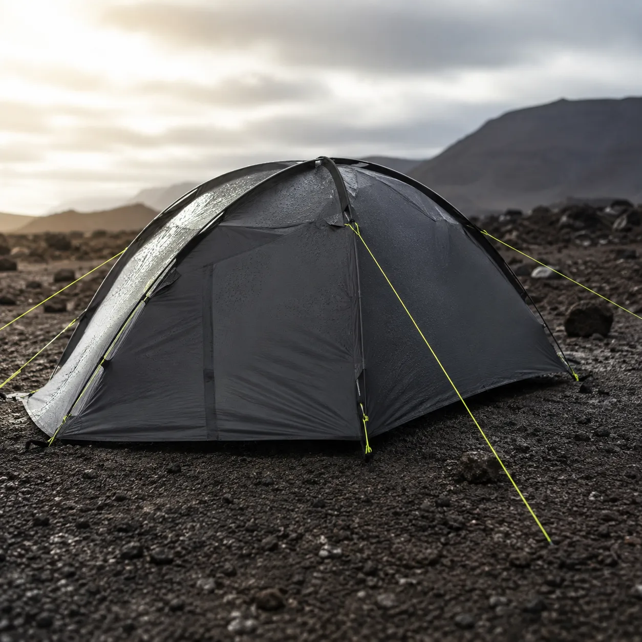 Storm graphite four-season dome tent pitched on dark gravel with electric-lime guy lines.