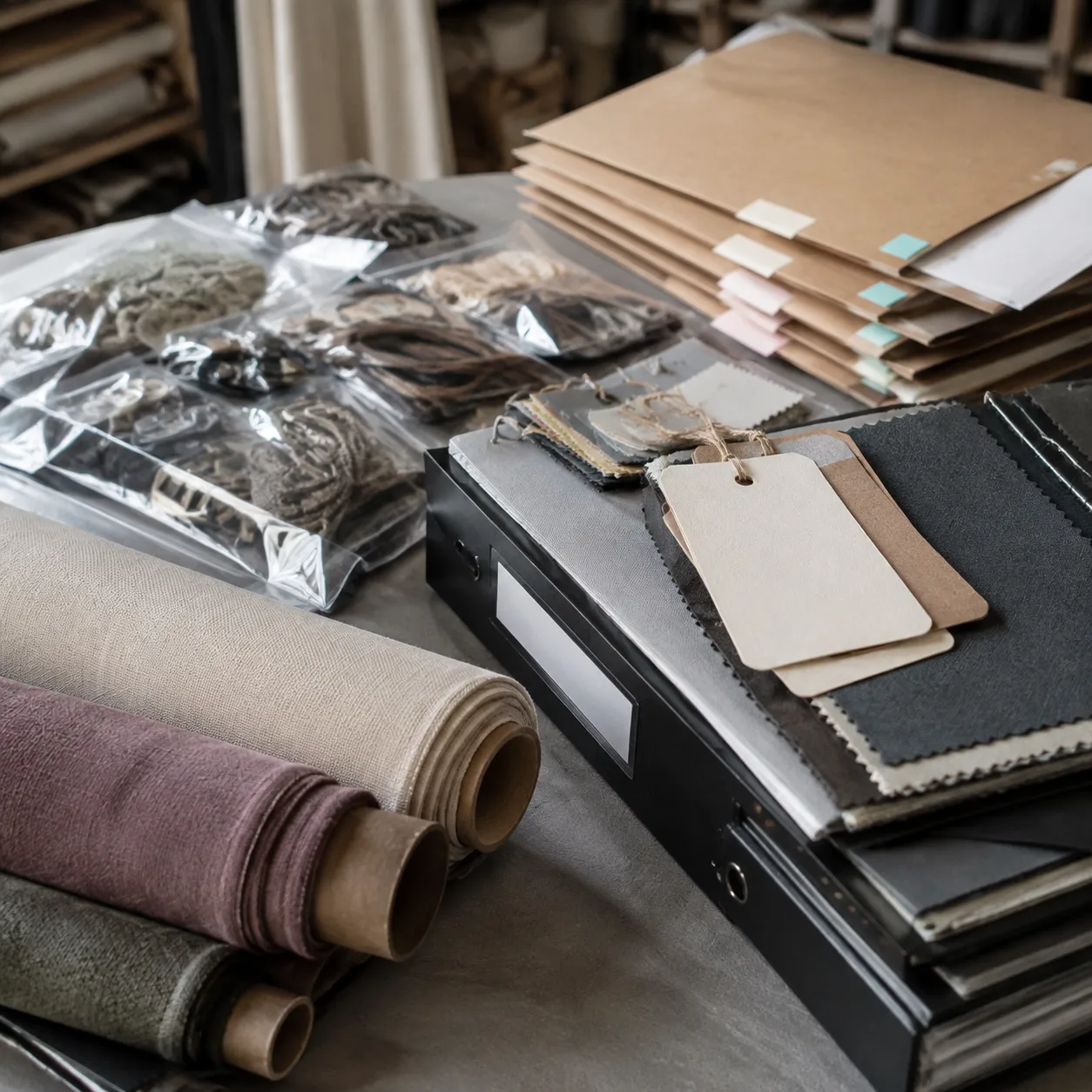 Archive table with product binders, fabric rolls, hang tags, and marked order folders under side light.